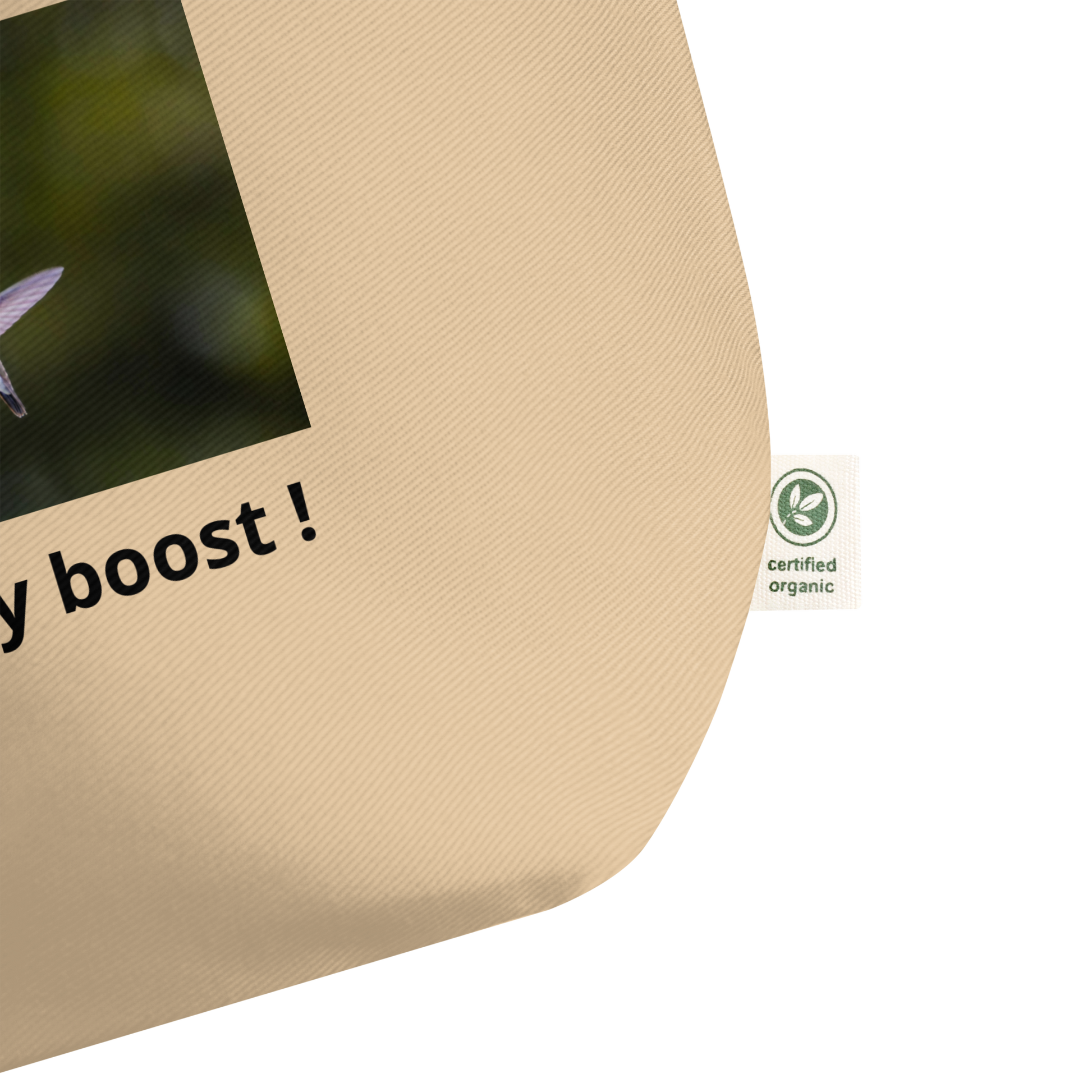 Beige cotton tote bag with print and  text 'my boost!' and a certified organic logo.