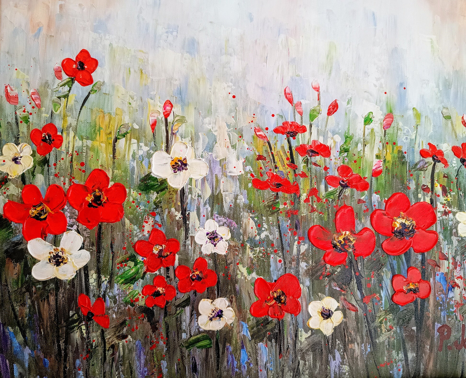 A limited edition oil painting on canvas. Beautiful red and white poppies in a meadow. Original painting. Only one available.