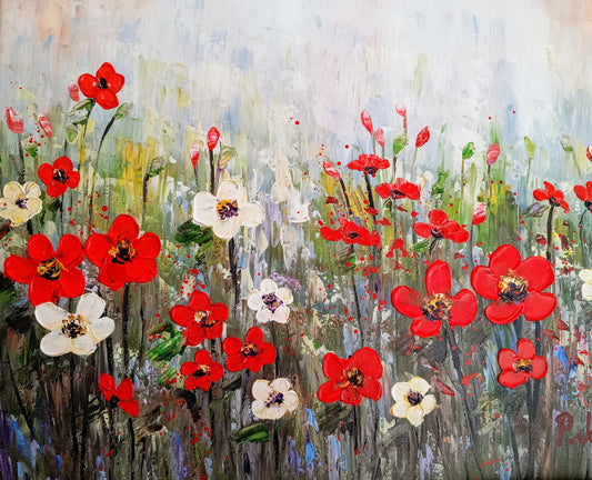 A limited edition oil painting on canvas. Beautiful red and white poppies in a meadow. Original painting. Only one available.