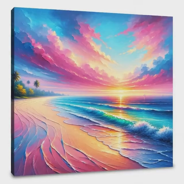 Blue, pink and turquoise tropical beach and dramatic clouds at dawn. Printed on canvas with wood frame and hanging on wall.
