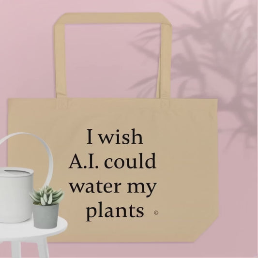 Custom A.I. print organic cotton tote bag hanging — made to order