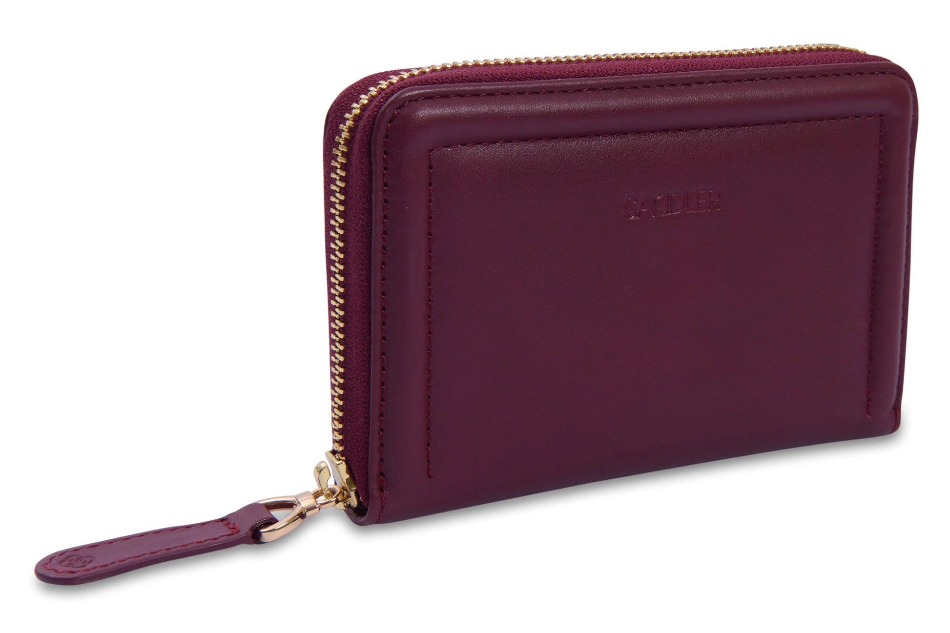 A Saddler Annie women's leather wallet. Colour is Bordeaux. Gold outside zip. Has RFID protection.