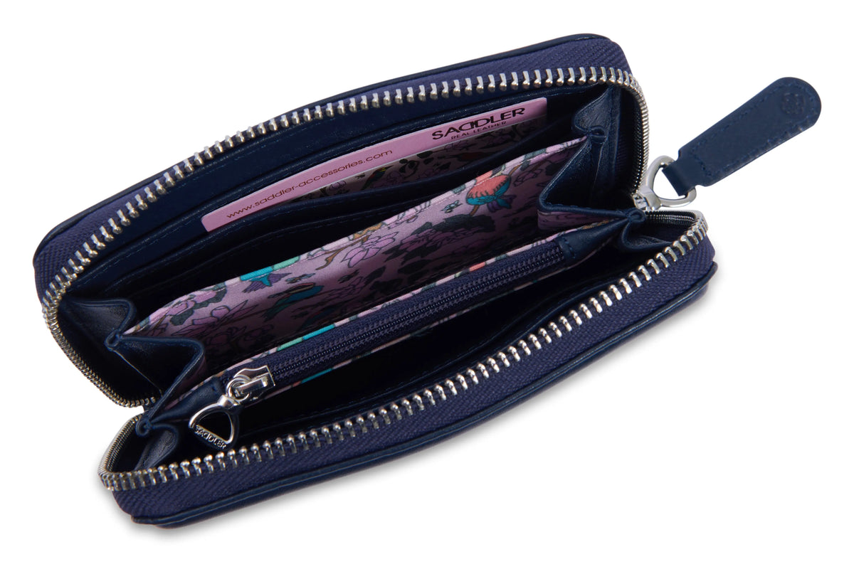 Inside view of the Saddler Annie women's navy leather wallet. It has RFID card protection.