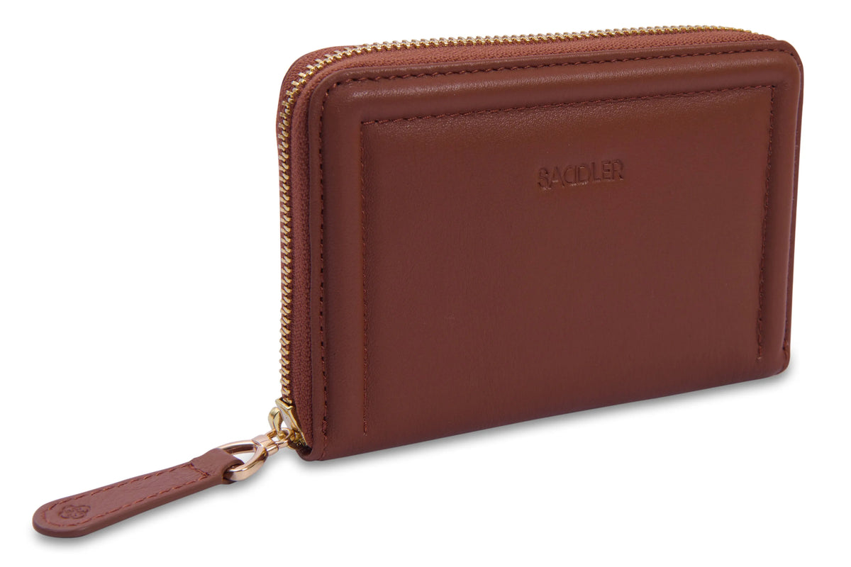 Saddler Annie women's leather wallet in tan. With a gold outside zip.