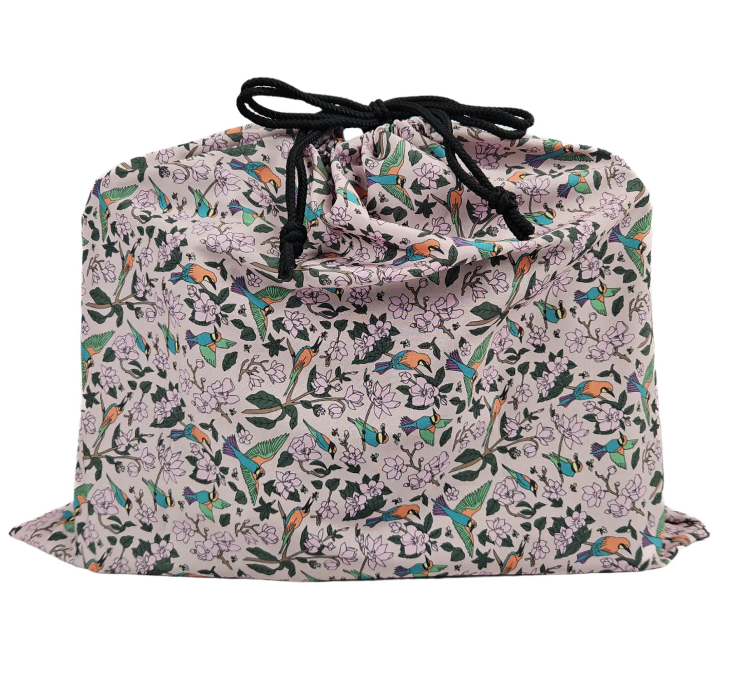 Drawstring dust bag with printed birds and flowers design. To store a Kimberley leather crossbody bag in
