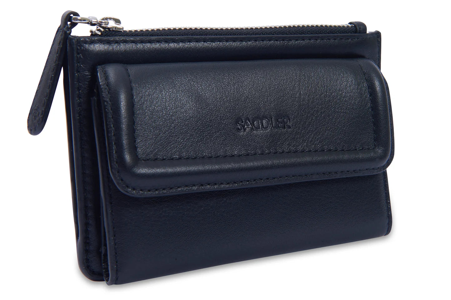Front of the Saddler Marion bifold black leather wallet. Top zip. Coin purse inside. Gift box supplied.