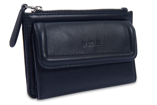 Front of the Saddler Marion bifold black leather wallet. Top zip. Coin purse inside. Gift box supplied.