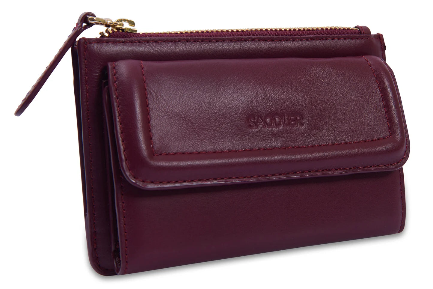 Front view of the Saddler Marion wallet, with brand name embossed on bordeaux leather. Bifold and has top zip and a coin purse.