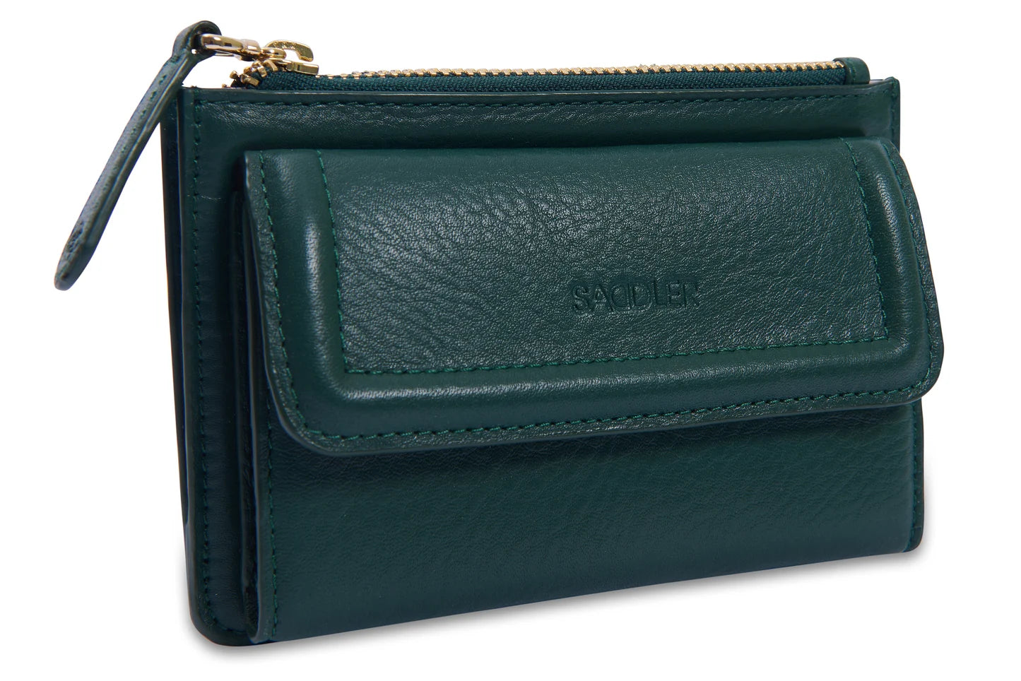 A green version of the Saddler Marion bifold leather wallet. Front view shows top zip and Saddler embossed on the side.