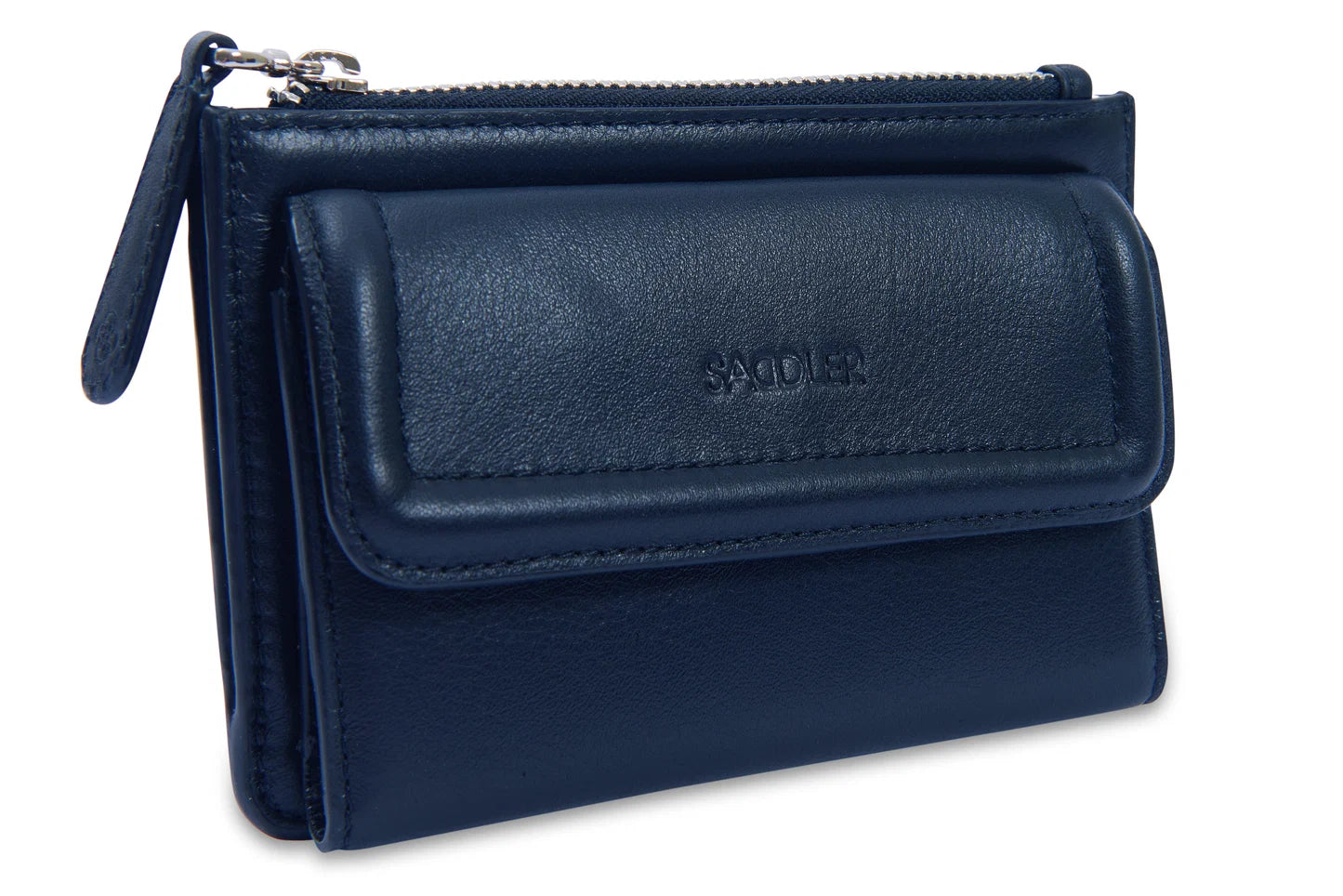 Navy version of the Saddler Marion bifold leather wallet. Front view with embossed name. Has top zip and coin purse.