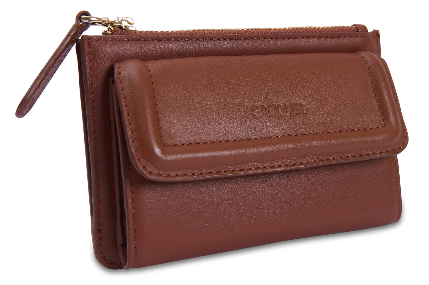 The front of the Saddler Marion tan leather zip-around wallet. Has a front flap pocket and a small embossed logo.