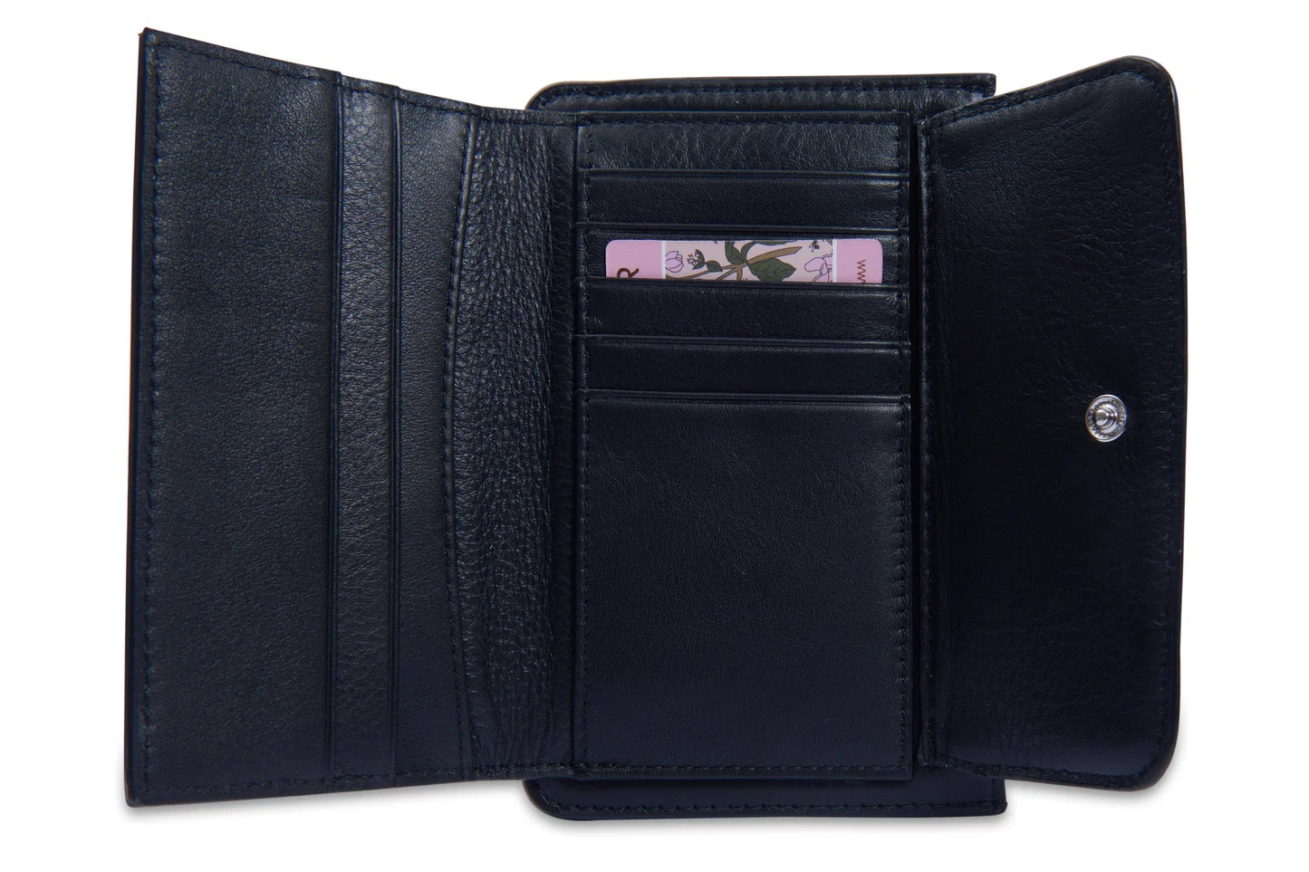 A Saddler Marion black leather wallet. Open and showing its interior compartments, including card slots and a coin purse.