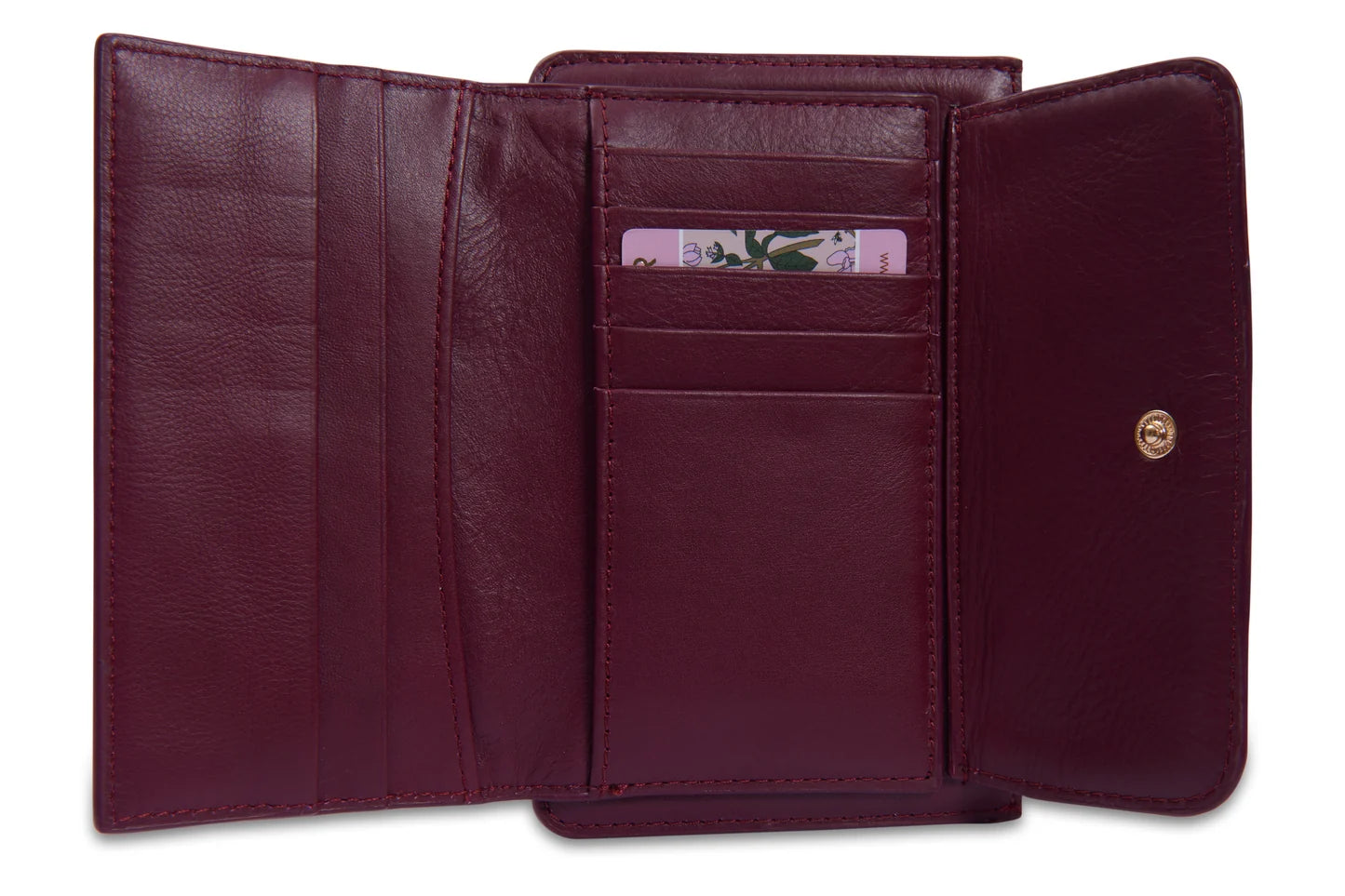 A Saddler Marion bifold bordeaux leather wallet. Open views shows card holders. 