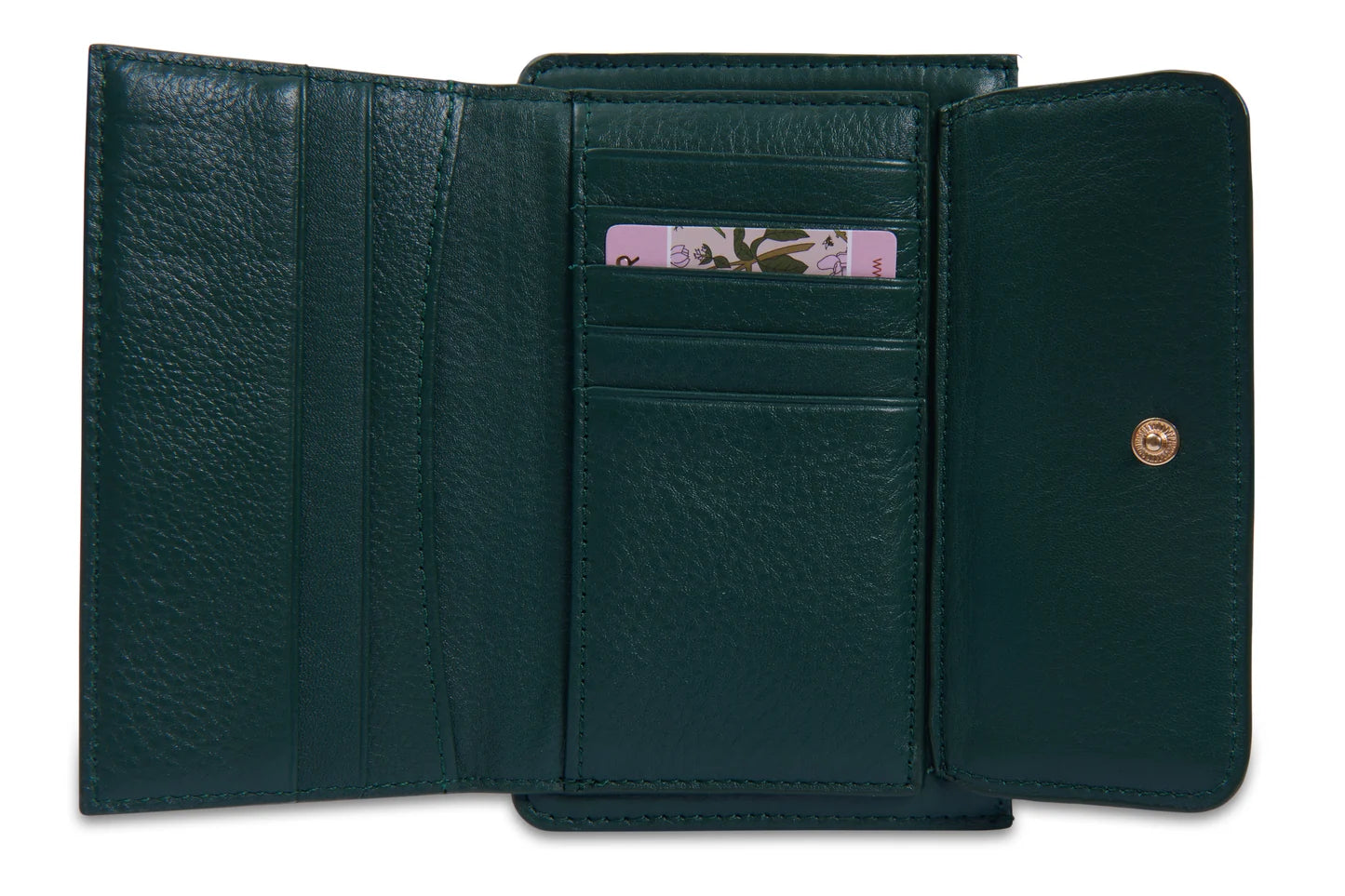 Open view of a Saddler Marion bifold green leather wallet. Shows compartments, card holders and button closure.