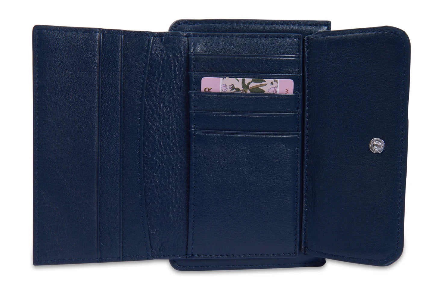 A Saddler Marion navy blue textured leather bifold wallet shown open. It has  interior compartments, card slots and a snap-button closure. 