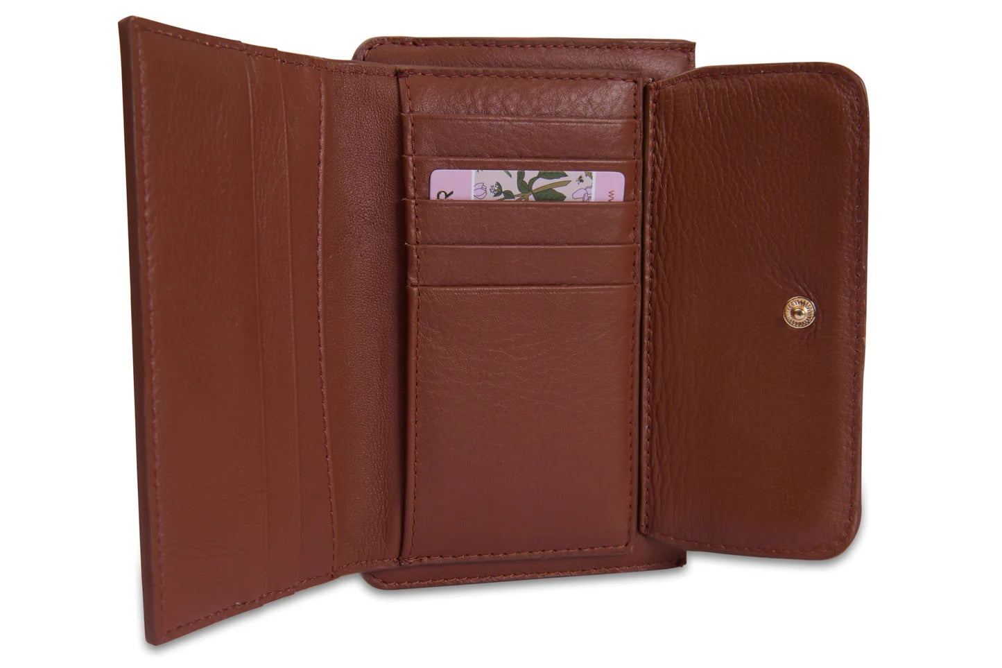 Open view of the Saddler Marion tan leather bifold wallet. Has card holders and coin purse.