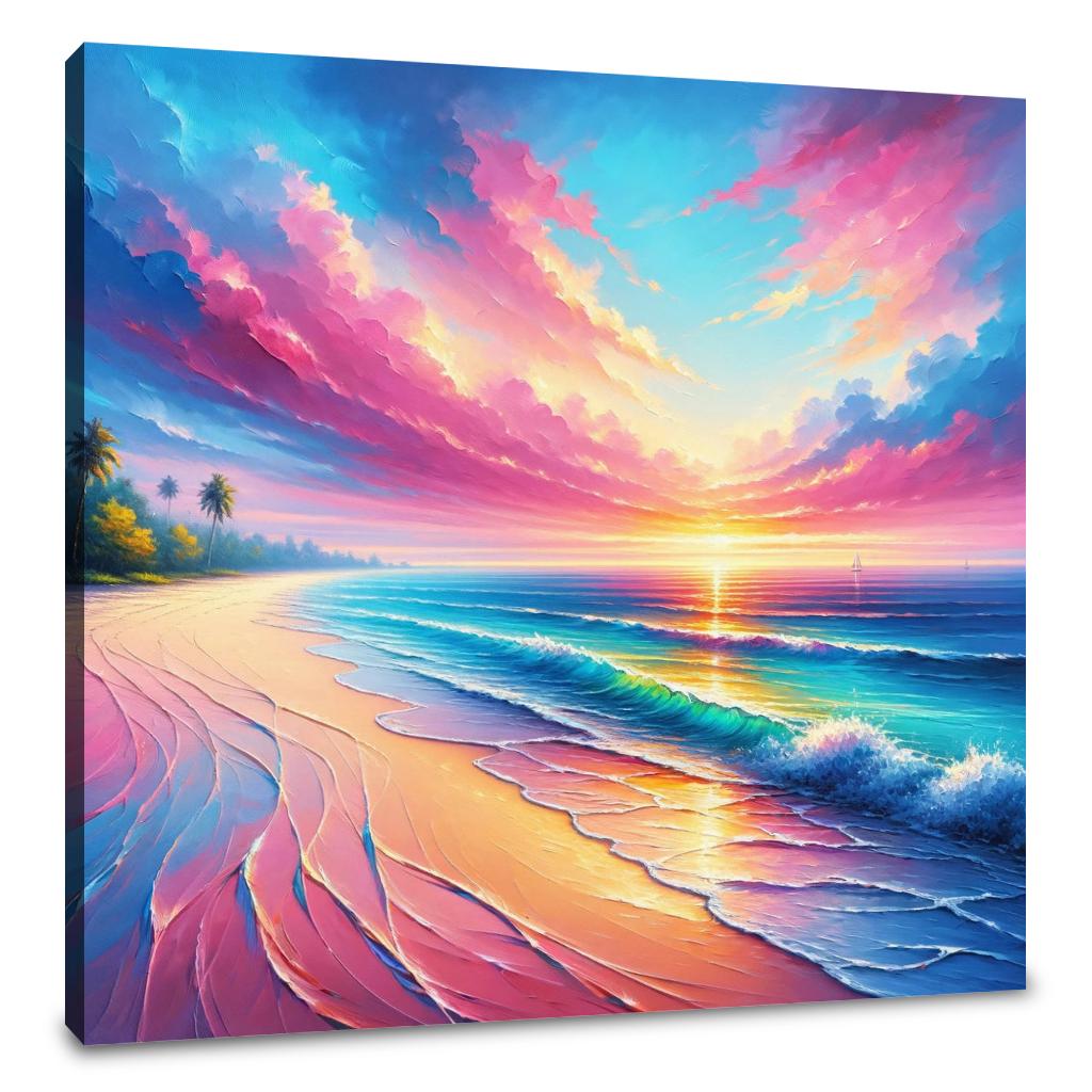 A square canvas wall art print with wood frame. It shows a vibrant tropical beach. With swirling pink, blue, and orange clouds, turquoise ocean waves. A glowing sun on the horizon. Palm trees in the distance.