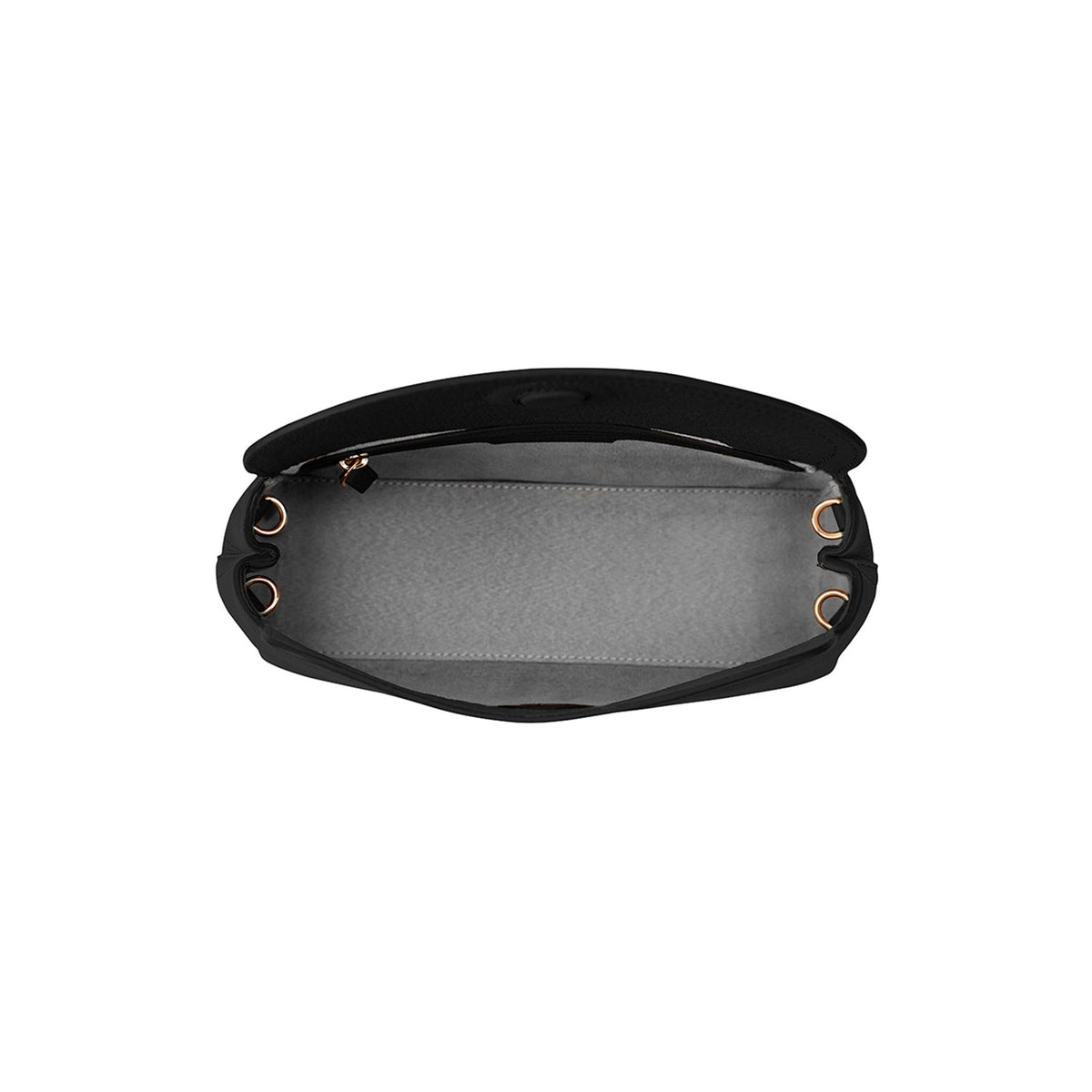 Inside the black leather Sloane Midi Crossbody handbag. Gold buckles. Grey lining and inside zip pocket.