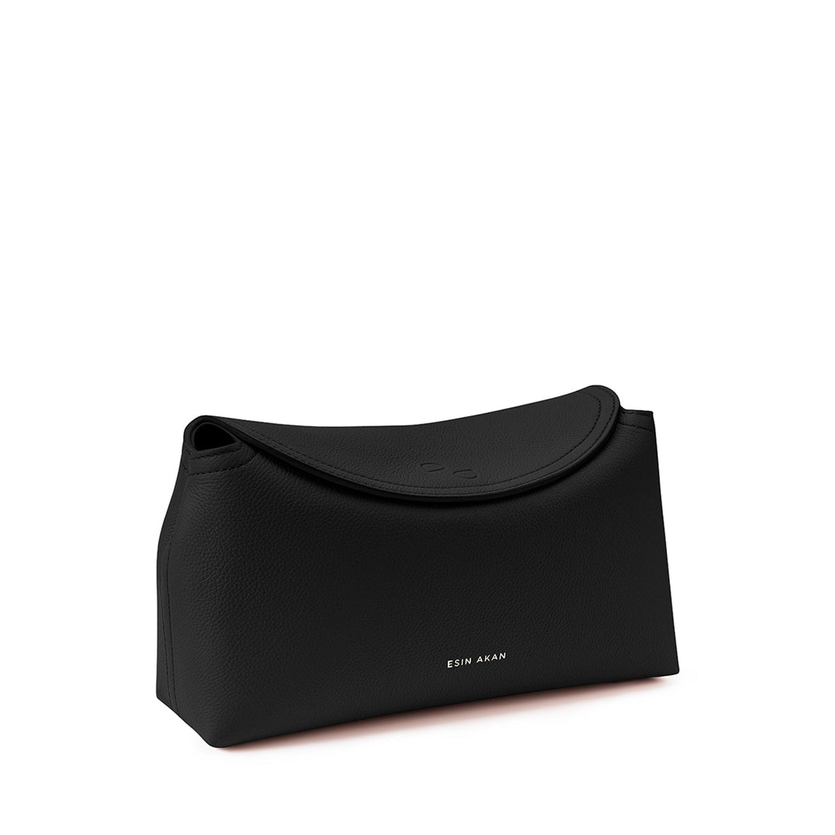 Black Italian leather clutch bag with 'ESIN AKAN' branding on front. Convertible Sloane Midi Crossbody handbag.