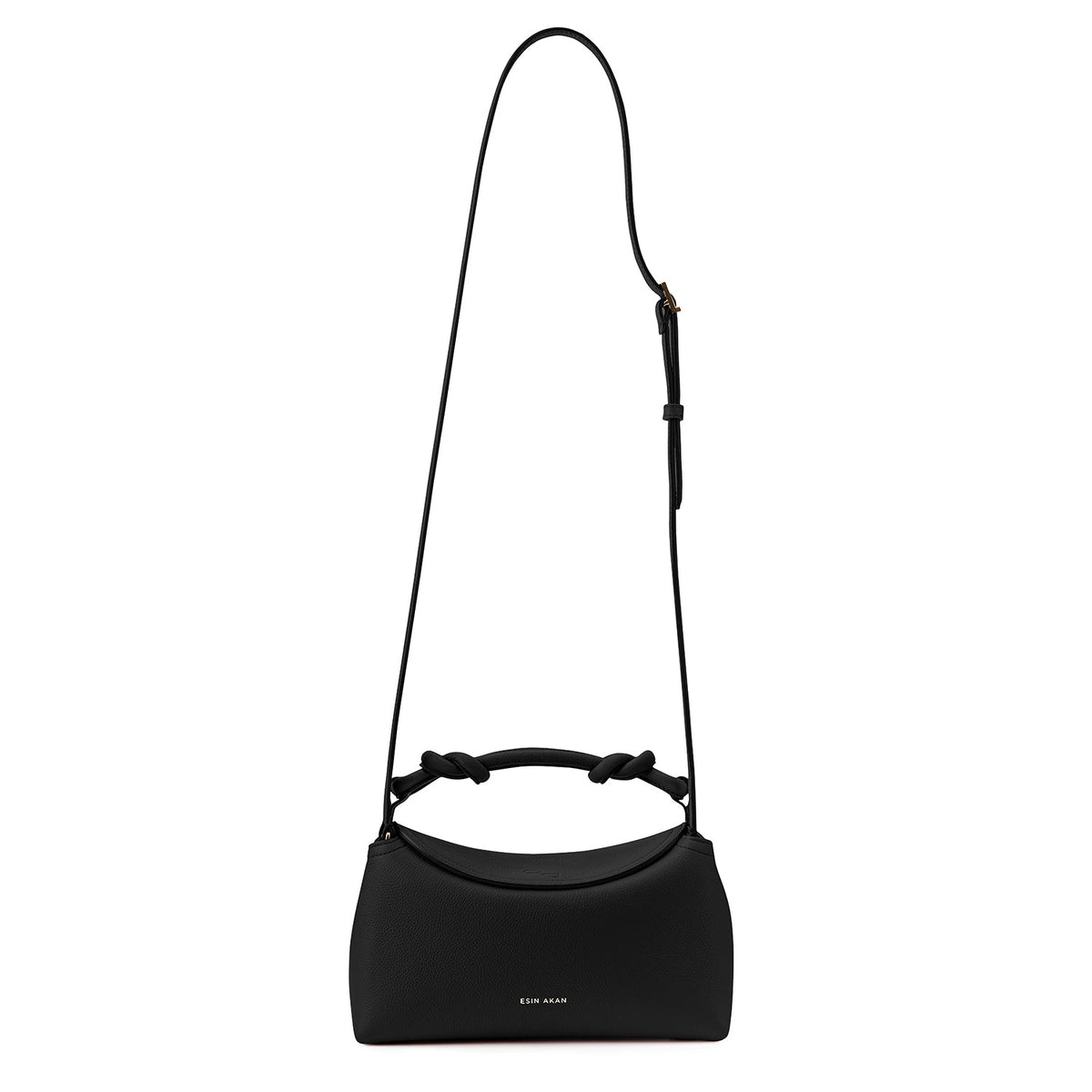 Midi Sloane Crossbody black handbag. Premium Italian leather. Long shoulder strap and unique knotted handle.