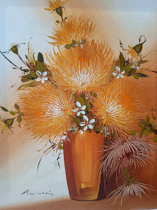 A brilliant oil painting on canvas. Bright orange flowers in an orange vase. Width = 16 inches. Height = 20 inches.