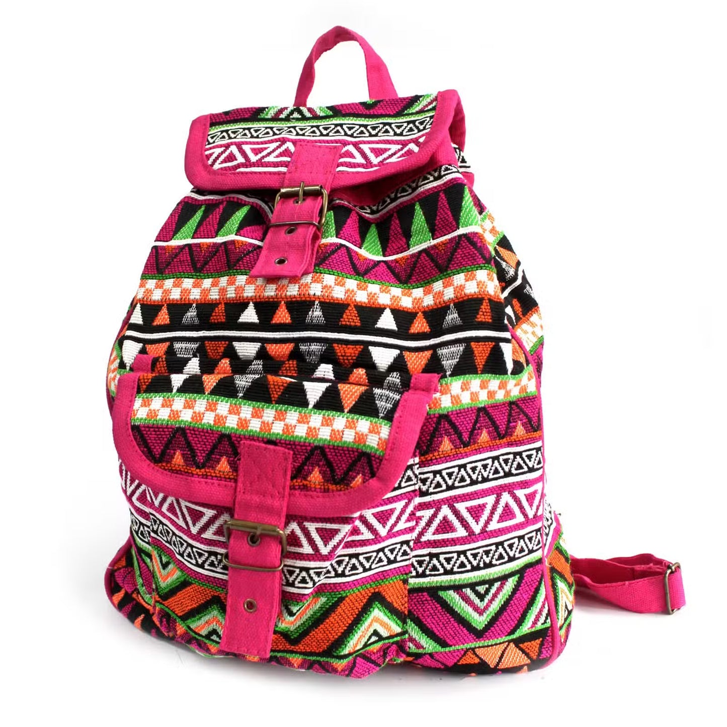 Colourful jaquard patterned backpack with pink accents.