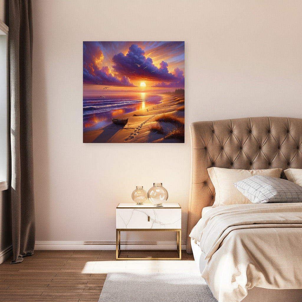 A square canvas wall art print showing a dramatic sunset over a beach and ocean. In a modern bedroom setting. Hanging on a wall near a bed and above a wooden side table.