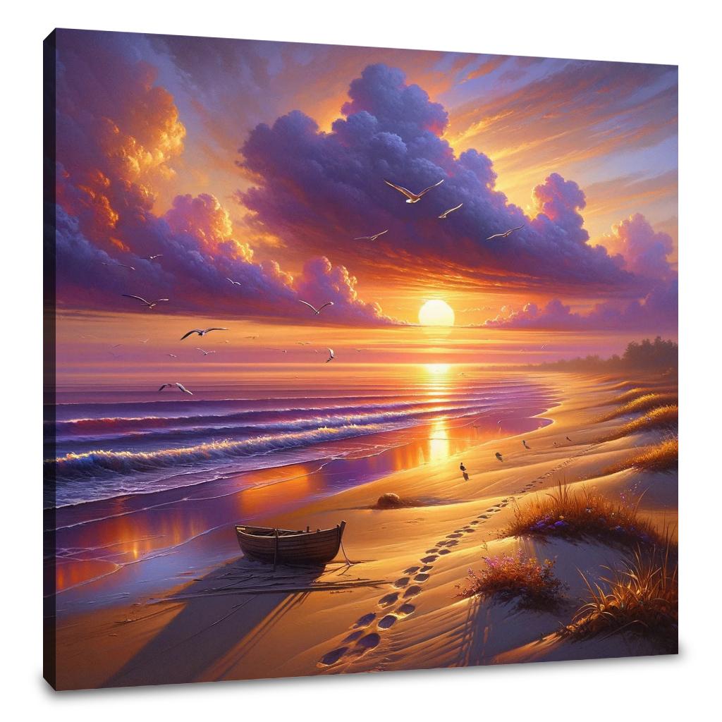 A framed canvas print. A dramatic sunset at dusk with an orange and purple sky. Plus small waves, footprints in wet sand, seagulls and a small boat on the beach.