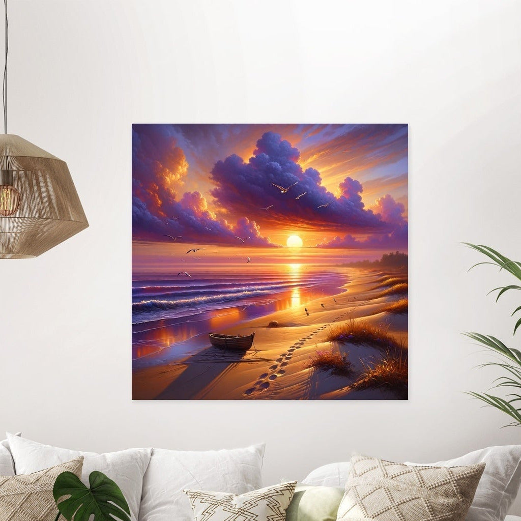 A square framed canvas wall art print. Shows a vibrant sunset beach scene with purple, orange, and pink clouds over a wet, sandy shore. Hanging on a wall in a modern living room, above a white sectional sofa.