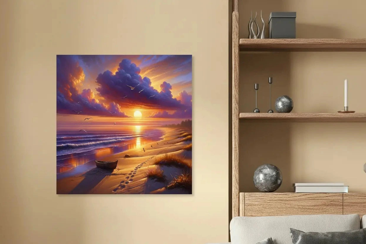 A square canvas wall art print depicting a dramatic sunset over a beach. Hanging on a beige wall next to a wooden shelving  unit with decorative items.