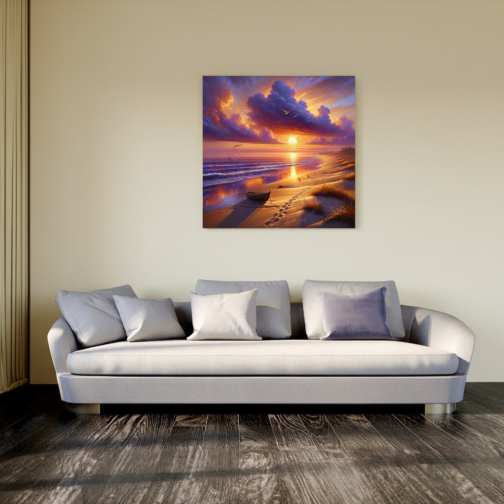 A square canvas wall art print depicting a purple and orange sunset over a beach. Styled in a modern living room setting, above a light grey sofa.