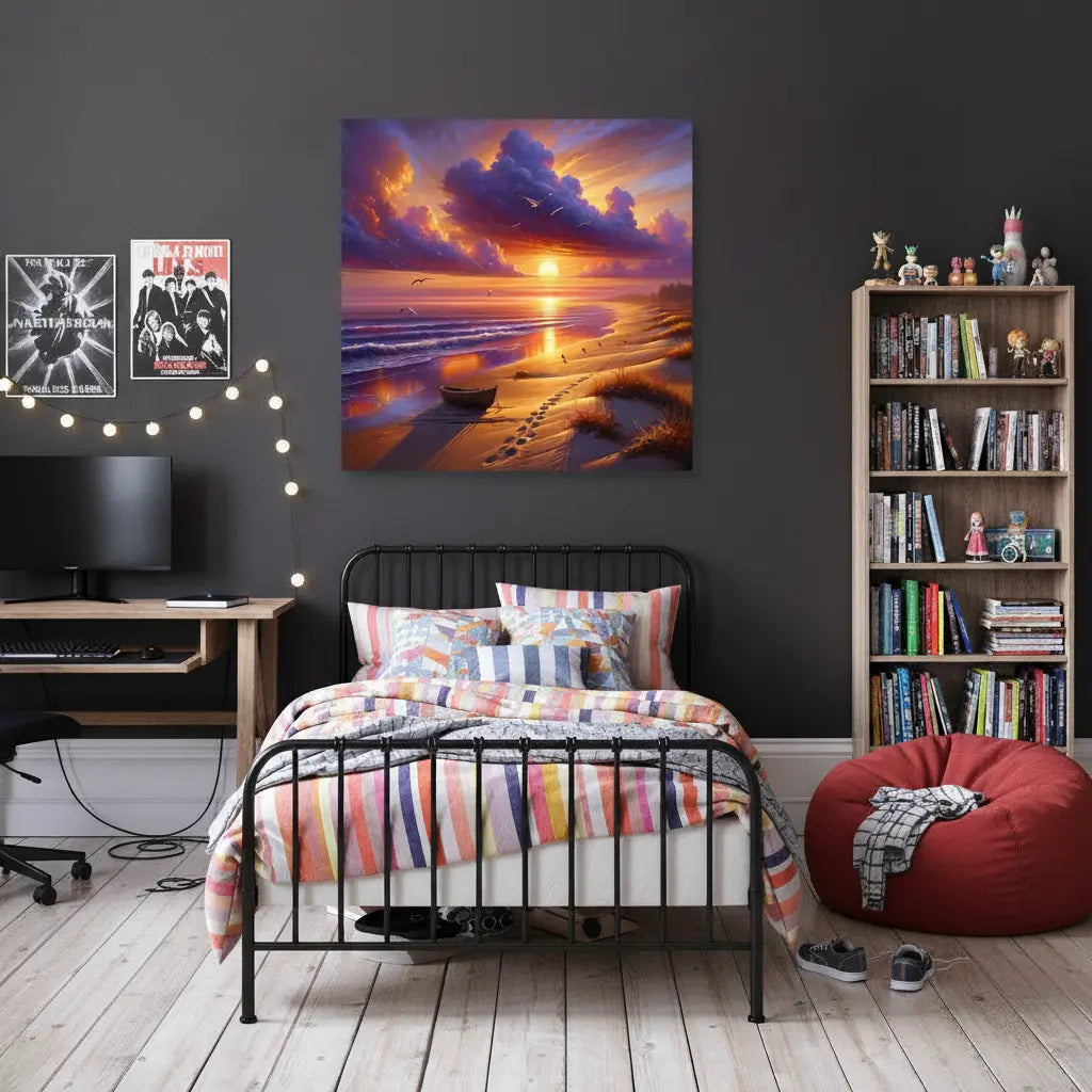 A colorful wall art canvas print depicting a beach sunset with dramatic purple and orange clouds. Plus waves, seagulls and a small boat.  Hanging on a dark gray wall in a teenager's bedroom. With a bed, computer desk, bookshelf and pouffe.