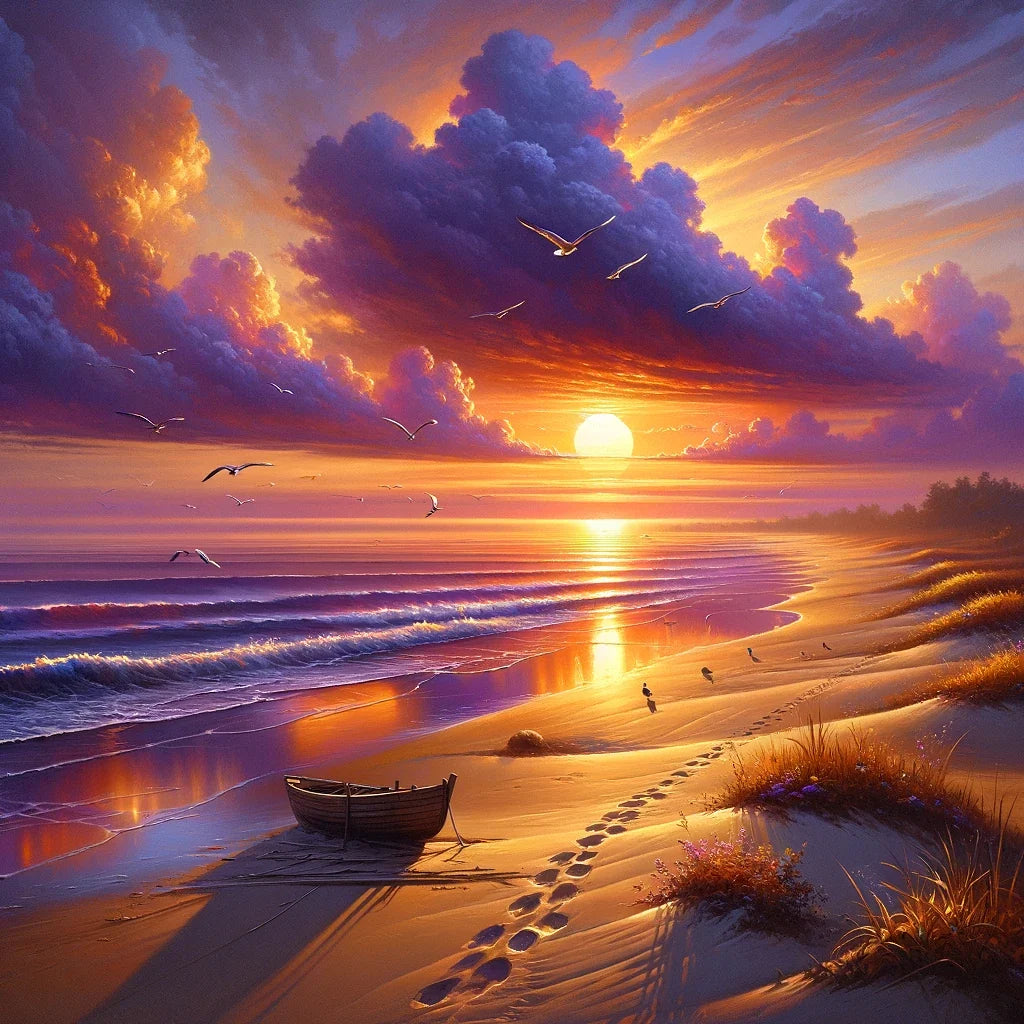 Close up view of a framed canvas print. It shows a colorful sunset along a shoreline. Small waves, seagulls, footprints on wet sand and a small boat.