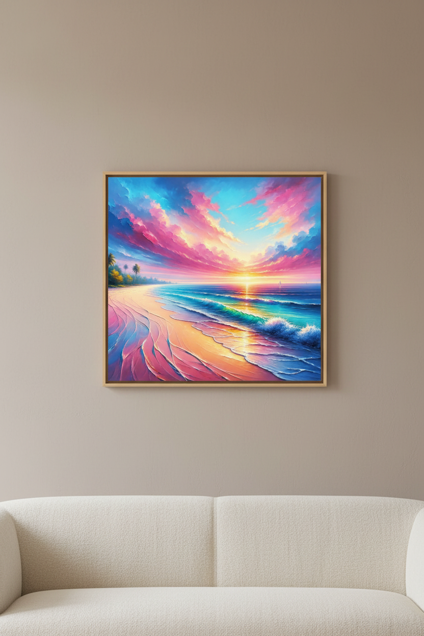 Tropical beach and waves scene printed on canvas in wood frame. Hanging on wall in a luxury lounge