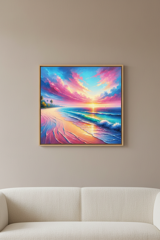 Tropical beach and waves scene printed on canvas in wood frame. Hanging on wall in a luxury lounge