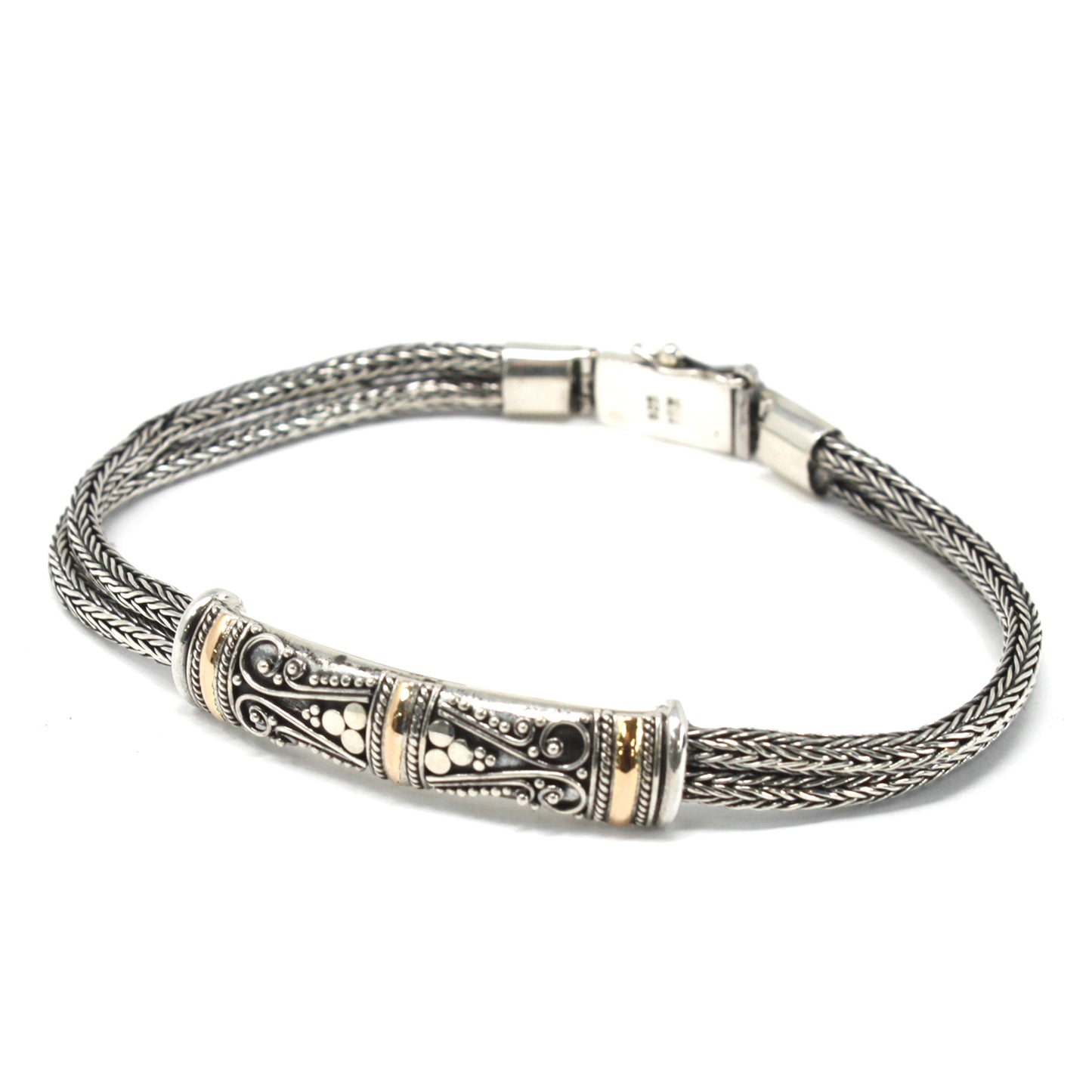 Unisex jewellery. A handmade Sterling silver and 18K gold bracelet with two chains.